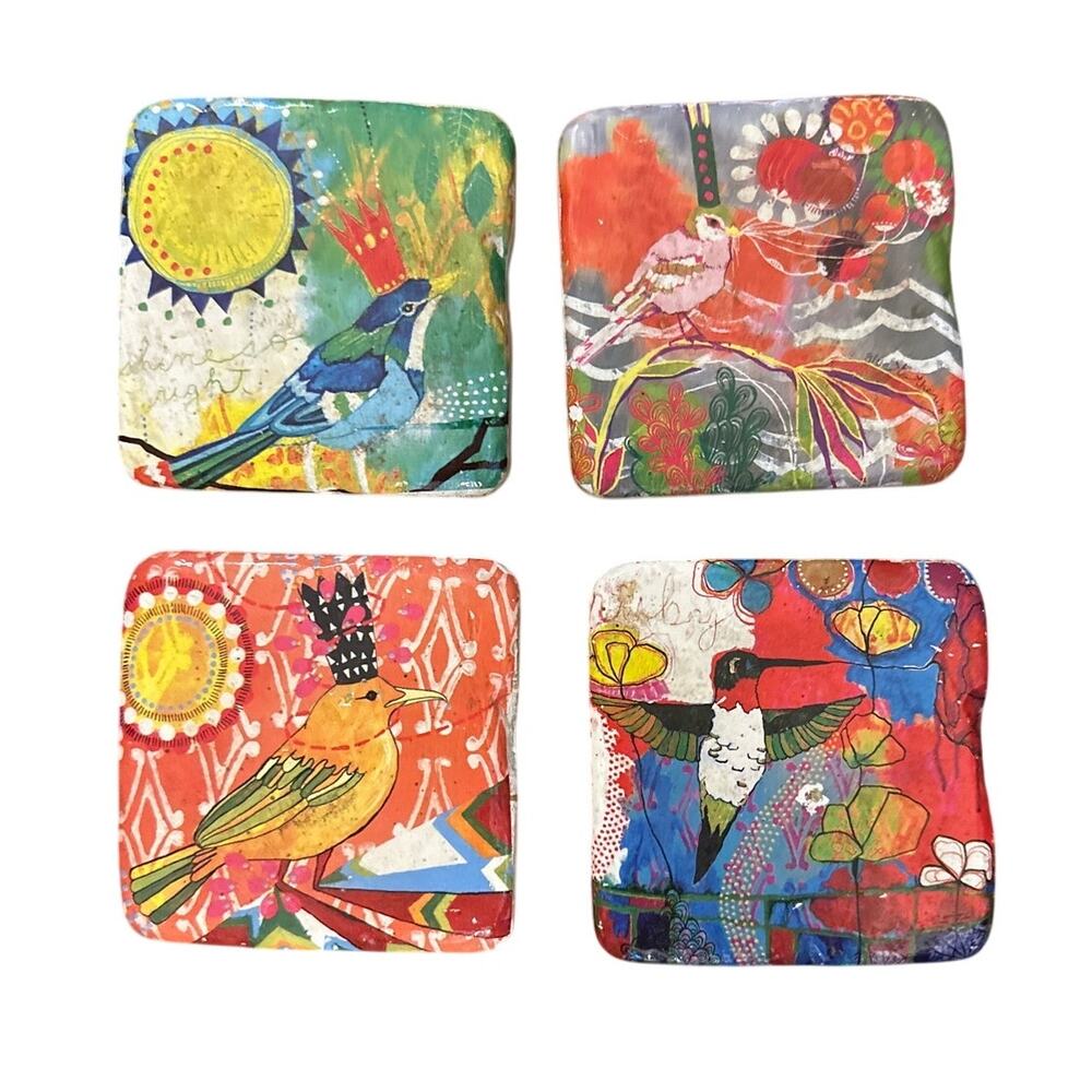 Set x 4 Jessica Swift Artist Handmade Heavy Ceramic Clay Coasters Bird Print